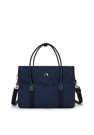 Navy fabric tote bag with textured surface, dual top handles, detachable shoulder strap, magnetic closure, and metal logo accent.