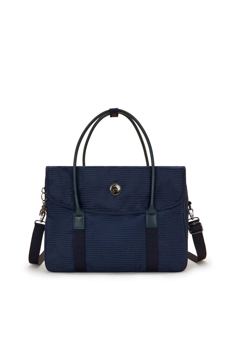 Navy fabric tote bag with textured surface, dual top handles, detachable shoulder strap, magnetic closure, and metal logo accent.