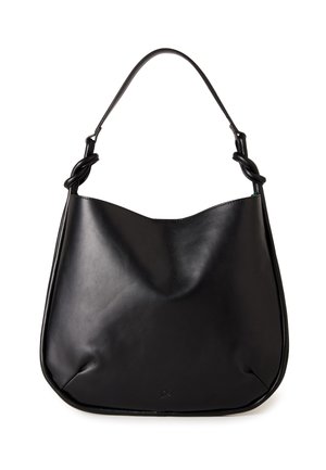 Borsa a tracolla in pelle nera con bordo superiore curvo, con attacchi della tracolla in pelle intrecciata su ciascun lato.