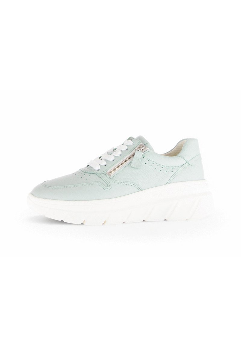 Mint green leather sneaker with a chunky white sole, featuring a side zipper, lace-up front, and perforated detailing.