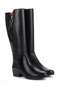 Stivali alti neri in pelle con un design elegante, cerniera laterale, tacco basso a blocco e texture liscia, adatti per varie occasioni.