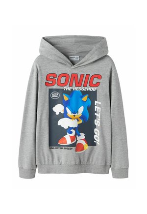 Sweat à capuche gris avec un motif Sonic the Hedgehog, texte rouge "SONIC," et phrases "LET'S GO!" et "Unlimited Speed!" à l'avant.