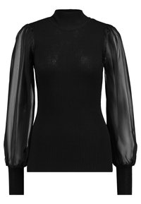 Maglione nero a coste con scollo alto e maniche a sbuffo trasparenti, accentuato da polsini aderenti e tessuto testurizzato.