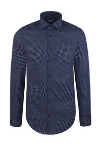 Granatowa koszula z guzikiem, z wzorem w jasnoniebieskie kropki, długimi rękawami, kołnierzem rozpostartym i zaokrąglonym dołem. Wykonana z mieszanki bawełny.