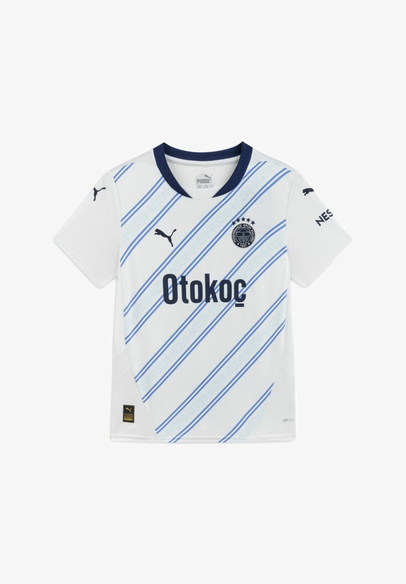 Vit kortärmad tröja med ljusblå diagonala ränder, marinblå krage och logotypdetaljer. Tillverkad av andningsbart tyg med fukttransporterande teknologi.