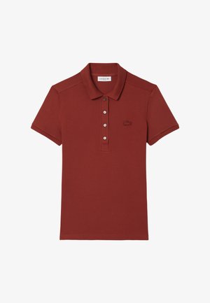 Mörkröd polo t-shirt i bomull, med klassisk krage, treknapplåsning, korta ärmar och broderad logga på bröstet.
