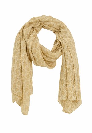 Écharpe marron clair avec un motif de coquillage répété, lâchement drapée et pliée sur un fond blanc.