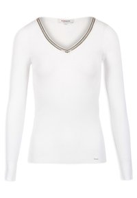 Suéter blanco de manga larga con un acabado acanalado y escote en V, que presenta un ribete plateado y beige alrededor del escote y una pequeña etiqueta con el logotipo cerca del dobladillo.