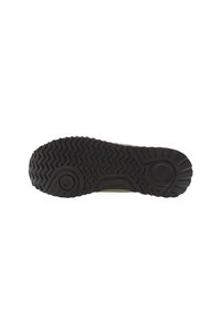 Rubber shoe sole with a textured, zigzag tread pattern. Features two circular indentations and a smooth section near the heel.