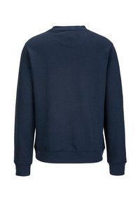 Marineblaues Sweatshirt mit Rundhalsausschnitt, langen Ärmeln und gerippten Bündchen. Weiche Textur ohne sichtbare Muster oder Hardwaredetails.