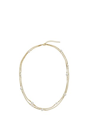 Zarte doppelte Goldkette mit vereinzelt angebrachten kleinen weißen Perlen und Karabinerverschluss mit verstellbarem Verlängerungsstück.