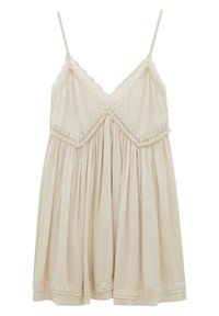 Hellbeiges Kleid mit Spitzenbesatz, dünnen verstellbaren Trägern, plissierter Gestaltung und lockerer Passform, aus weichem, leichtem Stoff gefertigt.