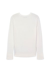 Langärmliger weißer Pullover mit Rundhalsausschnitt, aus einem leichten Strickstoff gefertigt. Verfügt über gerippte Bündchen und Saum. Glatte Textur.