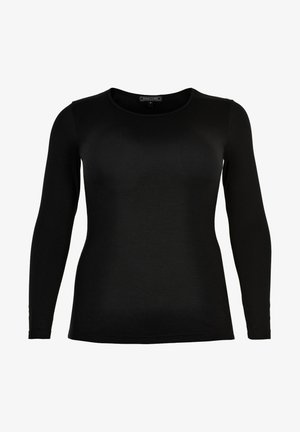 Langärmliges schwarzes Oberteil aus weichem Stoff, mit rundem Halsausschnitt und figurschmeichelndem Schnitt. Nahtlose Bündchen verleihen ein glattes Erscheinungsbild.