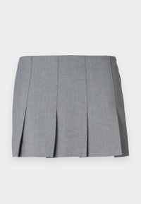 Gray pleated skirt featuring a smooth texture, structured design, and a fitted waist. Made from a lightweight fabric with subtle pattern.