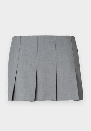 Gray pleated skirt featuring a smooth texture, structured design, and a fitted waist. Made from a lightweight fabric with subtle pattern.