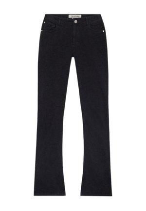 Jeans rectos negros con cierre frontal de botón y cremallera, bolsillos delanteros y traseros, y una etiqueta de marca en la cinturilla.