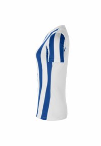 Jersey bianco a maniche corte con audaci righe verticali blu e un design aderente, realizzato in tessuto traspirante e testurizzato.