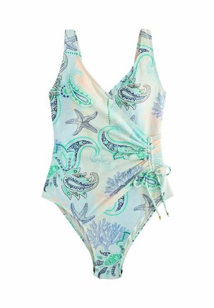 Badedragt i ét stykke med havinspirerede paisley-, søstjerne- og koralmotiver i pastelblå, grøn og beige, med sidelukning og bindedetalje.