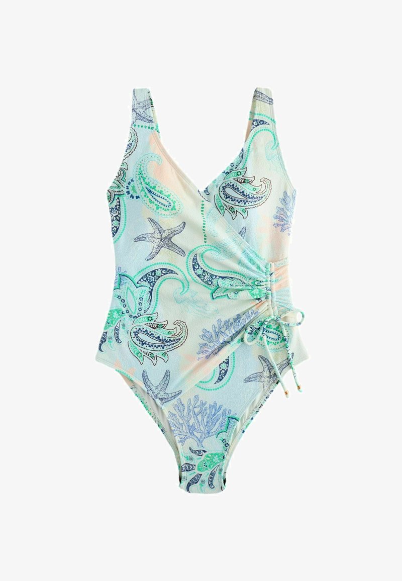Maillot de bain une pièce avec motifs paisley, étoiles de mer et corail sur le thème de la mer, en bleu pastel, vert et beige, doté de fronces latérales et d'un détail noué.