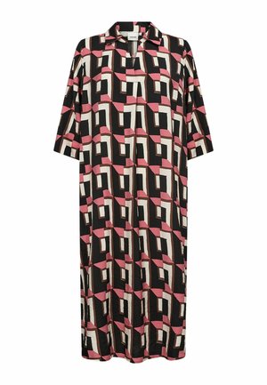 Vidutinio ilgio suknelė su rožinės, juodos ir baltos spalvų geometrinio kvadratų raštu, trumpomis rankovėmis ir apykakle su priekiu iškirptu kaklu.