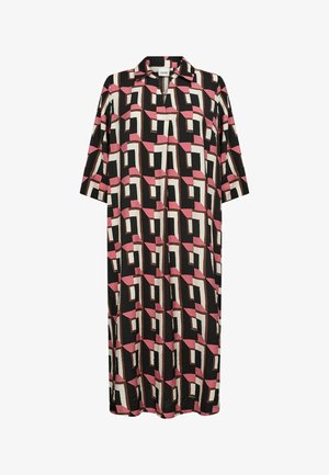 Rochie de lungime medie cu model geometric pătrat în nuanțe de roz, negru și alb, mâneci scurte și guler cu decolteu cu fante în față.