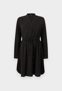 Μαύρο φόρεμα με μακριά μανίκια, γιακά μανταρίνι, μπροστινά κουμπιά, ρυθμιζόμενο ζωνάκι στη μέση και καμπυλωτό τελείωμα.