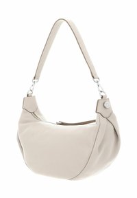 Sac à main en cuir gris clair avec une forme courbée, fermeture zippée sur le haut et une seule bandoulière réglable. Dispose de quincaillerie en tonalité argentée et d'une finition texturée.