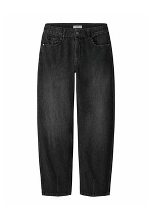 Zwarte high-waist straight-leg spijkerbroek met voorzakken, riemlussen, knoopsluiting en subtiel vervaagde textuur.