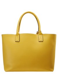 Sac fourre-tout en cuir jaune avec deux poignées et une texture simple et lisse, présenté sur fond blanc.