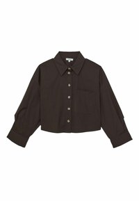 Mørkebrunt cropped skjorte med knapper, lange ærmer, en bred krave og en brystlomme på venstre side.