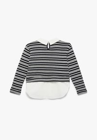 Langarm T-shirt met een zwart-wit gestreept patroon, een contrasterende witte kraag en een sleutelgatopening aan de achterkant.