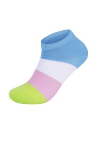 Farverig ankelstrømpe med blå, hvid, pink og grøn sektioner; lavet af glat tekstil med ribbet kant og rund tå.