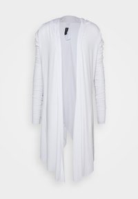 Cardigan lungo bianco realizzato in tessuto leggero, dotato di cappuccio, maniche lunghe con dettagli a coste e un design aperto davanti.