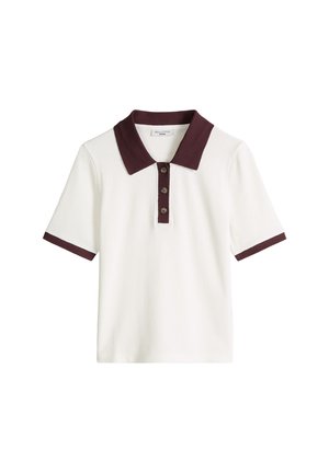 White short-sleeve polo shirt with dark brown collar, button placket, and sleeve cuffs.