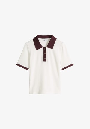 White short-sleeve polo shirt with dark brown collar, button placket, and sleeve cuffs.