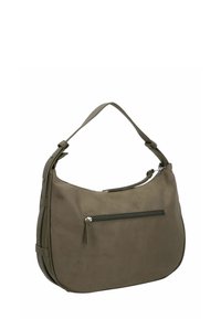 Grüne Kunstwildleder-Handtasche mit geschwungener Form, einem einzelnen Schulterriemen und einer Reißverschluss-Vordertasche. Mit Nahtdetails und glatter Textur.