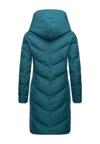 Teal puffer coat with a large hood, side seam pockets, and a chevron quilted pattern. Made from a textured, lightweight fabric.