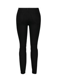 Zwarte skinny jeans van denim, met een middelhoge taille, vijf zakken en een soepele textuur. Geen zichtbare versieringen of patronen.