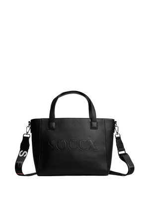 Black leather tote bag with dual handles and detachable branded shoulder strap, embossed "SOCCX" logo on front center.