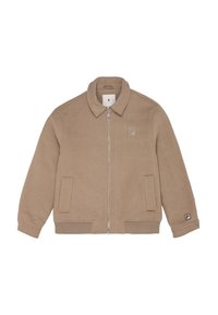 Beige zip-jacka i mjukt tyg med krage, två framfickor, ribbade ärmmuddar och en liten logotyp på bröstet.