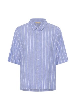 Cămașă bleu cu mâneci scurte, cu nasturi și dungi verticale albe, guler clasic, expusă pe un fundal alb.