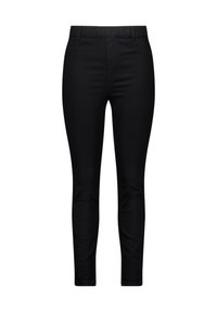 Leggings noirs en matériau extensible avec une texture lisse, dotés d'une taille élastique et d'une silhouette ajustée. Pas de matériel visible.
