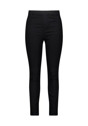 Leggings noirs en matériau extensible avec une texture lisse, dotés d'une taille élastique et d'une silhouette ajustée. Pas de matériel visible.