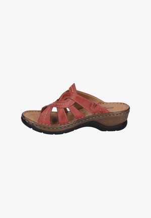 Red leather sandal with a woven design, open toe, and a brown rubber sole featuring subtle texture and stitching details. Lightweight construction.