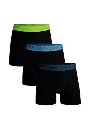 Melni bokseršorti ar kontrastējošu elastīgu jostas vietu zaļā un zilā krāsā, uzraksts "MUCHACHOMALO" treknā fontā.
