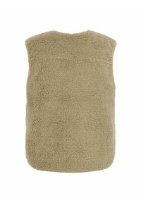 Gilet beige sans manches en matière polaire douce et texturée, présenté de dos sur fond blanc.