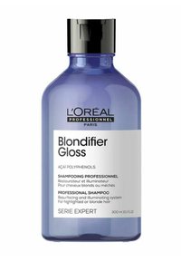 L'Oréal Professionnel Blondifier Gloss lila Flasche Shampoo für hervorgehobenes oder blondes Haar, 300ml mit schwarzem Deckel.