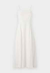 Abito bianco in lino con sottili spalline regolabili, corpino aderente e una silhouette a trapezio fluida. Tessuto liscio con un design minimale.