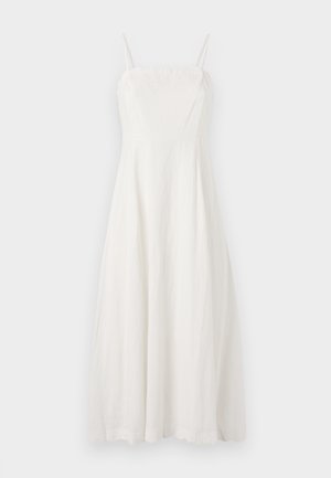 Abito bianco in lino con sottili spalline regolabili, corpino aderente e una silhouette a trapezio fluida. Tessuto liscio con un design minimale.